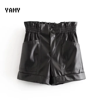 

1:1 Womens zora PU Shorts elastic waist Female pockets loose Shorts faux leather basic solid short Pant faux leather za Short
