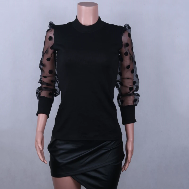 Ceny Lossky dzianiny T Shirt topy Mesh przezroczyste szwy bufiaste rękawy Street kobiety nadruk w kropki jesień z długim rękawem ubrania Tee Vogue 2019