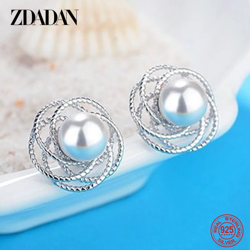 ZDADAN 925 Sterling Silver Charm Geometric Pearl CZ Stud Earrings For Women Fashion Engagement Jewelry Party Gift Wholesale