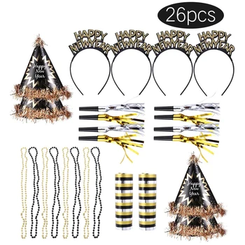 

26pcs 2021 Happy New Year Eve Party Decor Necklace Paper Hat Headband Blowing Dragon Set Photo Props Christmas Party Home Decor