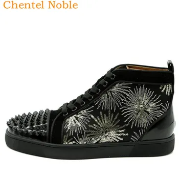 

Chentel Leather Embroidery Pattern Men Casual Shoes Party Men Black Rivet Flats Comfortable Sneakers Zapatos De Hombre Big Size
