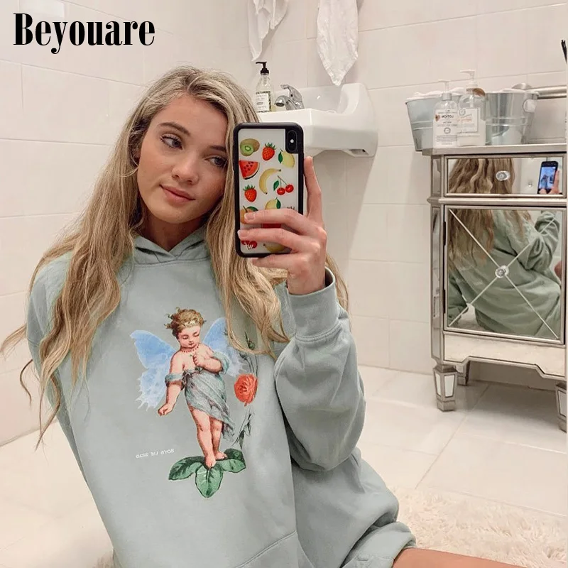 

Beyouare Autumn Hooded Women's Oversize Sweatshirt Angel Cartoon Letter Print Long Sleeve Solid Green Harajuku Hoodies Outerwear