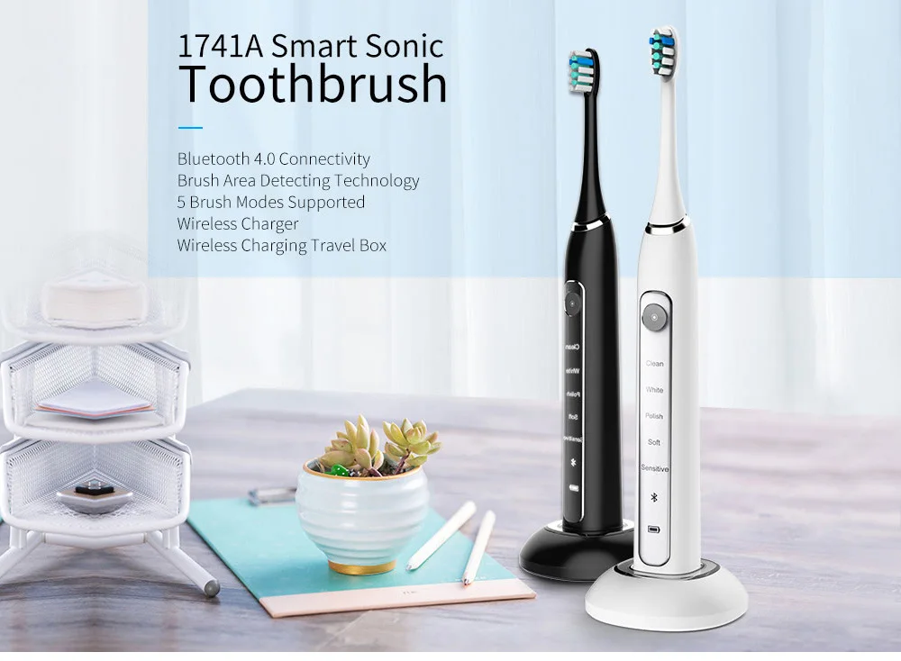 Gustala Smart 5 Modes Sonic Electric Toothbrush USB Rechargeable Waterproof Ultrasonic Automatic With APP Intelligent Tracking