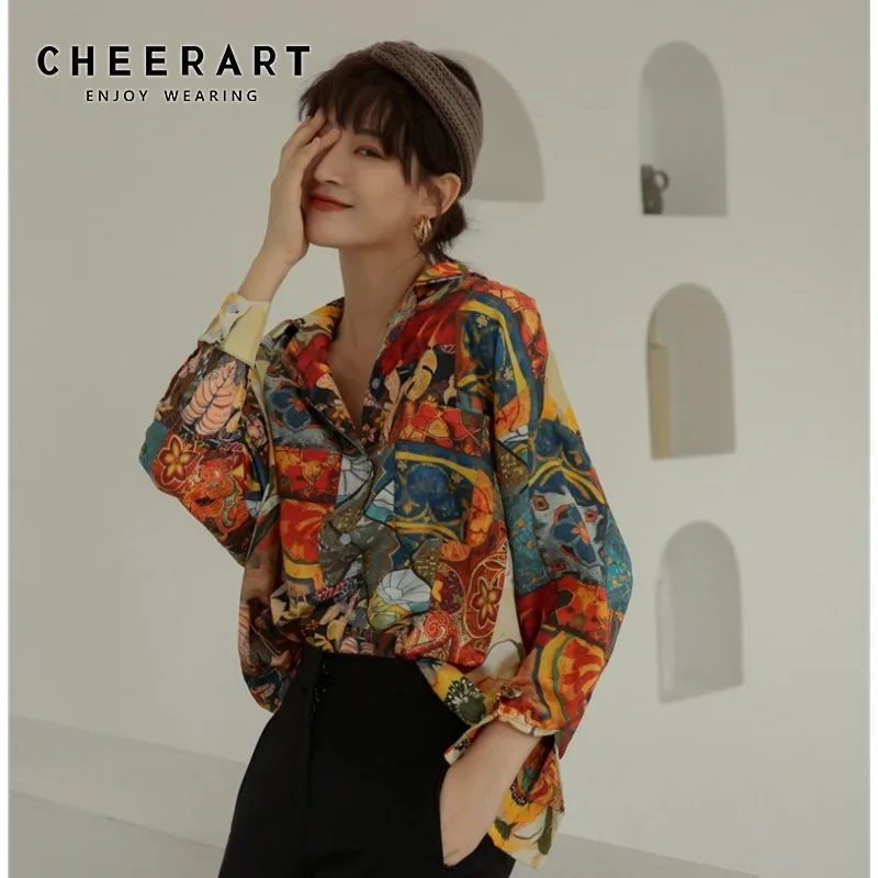 Cheerart подсолнечника Винтаж блузка цветочный Рисунок Top Блузка с длинными рукавами рубашка на пуговицах для Для женщин осень