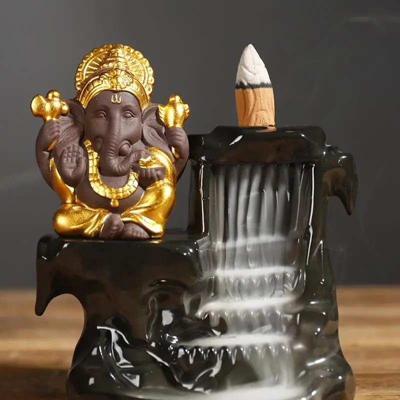 Ganesha дым водопад держатель для ароматических палочек керамический обратный поток благовоний горелка декоративная Будда ароматерапия печь+ 10 шт. конусов
