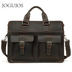 JOGUJOS Vintage Genuine Leather Men's Briefcase Crazy Horse Leather Briefcase Male Laptop Crossbody Bag Men Business Travel Bag