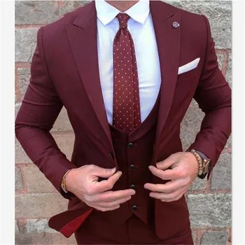 

Mens Suits (Jacket+Pants+Vest) Wine Red Burgundy Men Slim Fit Street Smart Business Prom Blazer Wedding Costume Homme Mariage