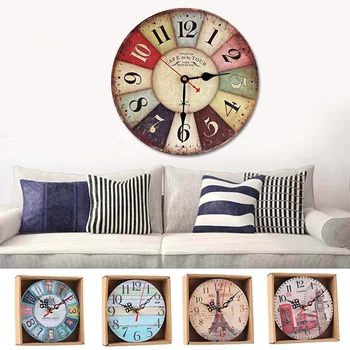 

Wall Clocks Home Decor Antique Mute Hanging Clock Round Wooden Quartz Clocks Europe Retro Home Kitchen Dining Room Decoration