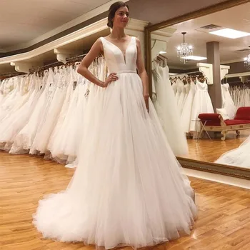 

Eightale Simple Wedding Dress V-Neck A-Line Satin Top Tulle Skirt Beach Wedding Gowns Princess Custom Made Bridal Dress 2019