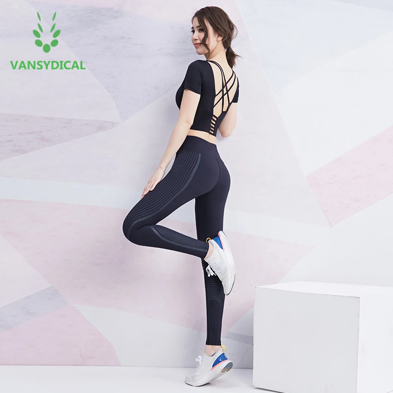 

Vansydical Womens Yoga Leggings Gym Tracksuit Crop Top Set Padded Push up Tops Gym Tights Workout Fitness Sportswear