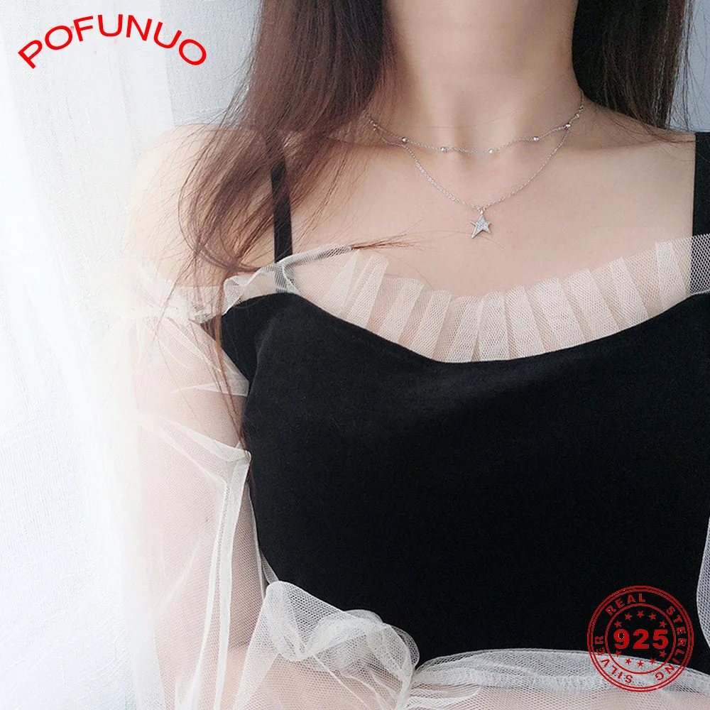 POFUNUO, 925 пробы, Серебряное Двухслойное ожерелье для женщин, Стильные Бусы, цепочка, звезда, подвеска, чокеры, короткое ожерелье, шикарное ювелирное изделие