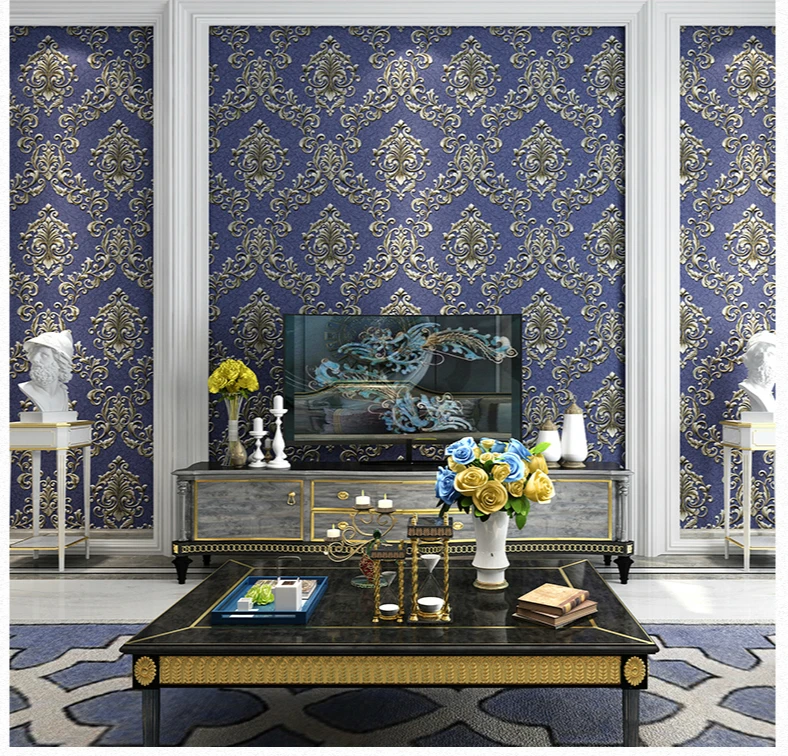 Настенные покрытия современные тисненые обои бежевый синий Европейский Викторианский Дамаск 3D текстура обои для Bedrom декор гостиной