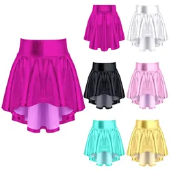 #6-14 Kids Girls Bronzing Cloth Latin Dance Costume Solid Color Ruffle Irregular Hem Dancing Skirt Stage Performance Clothes