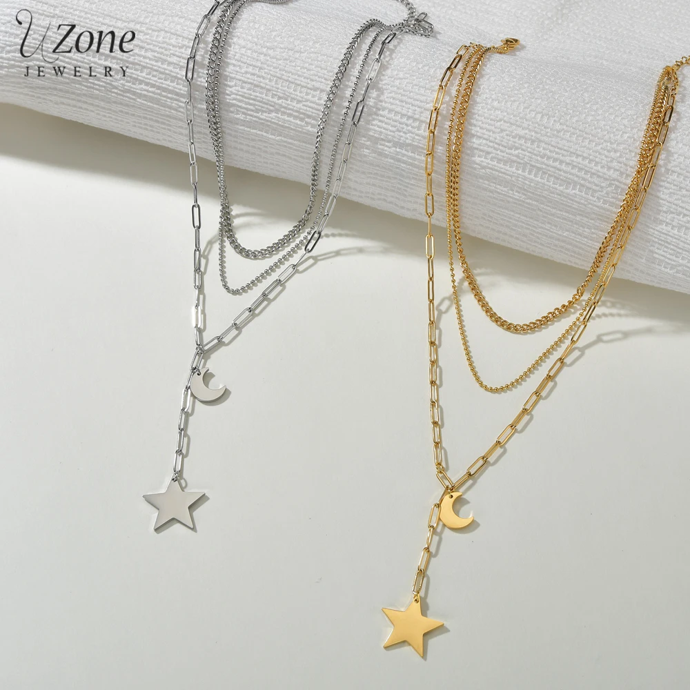 UZone Fashion Stainless Steel Pendants Star Moon Three-Layer Choker Chain Necklace For Women the Mother Present Jewelry 2020 | Украшения и