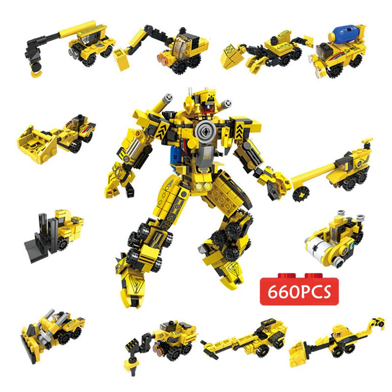 

660pcs Transformation Robot Series Building Blocks Set Car Truck Model Deformation Backhoe Loader Road Roller Forklift Toy Brick