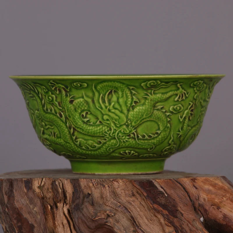 Нежная желтая глазурь чаша с рисунком дракона Сделано в Цяньлун династии Цин - Цвет: green bowl x1