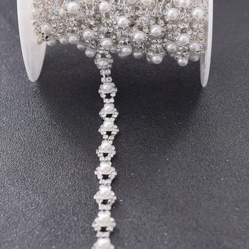 

5yards silver rhinestones appliques trimming for wedding dress belt sash sew on tap pearl acessories decorations for bridal