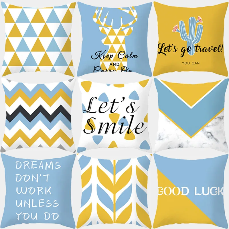 

Light Blue Geometric Cushion Cover Polyester Unicorn Alphabet Print Decorative Cushion Throw Pillow Home Decoration Pillow Cover