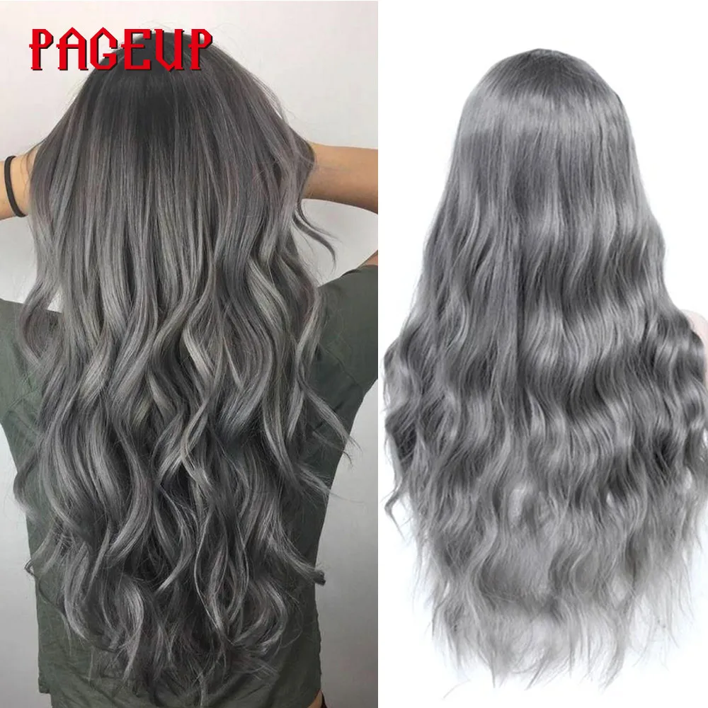 Online Pageup Welliges Haar Cosplay Lange Perücken Mit Pony Für Frauen Damen Schwarz Blau Blonde Rosa Grün Grau Synthetische perücke