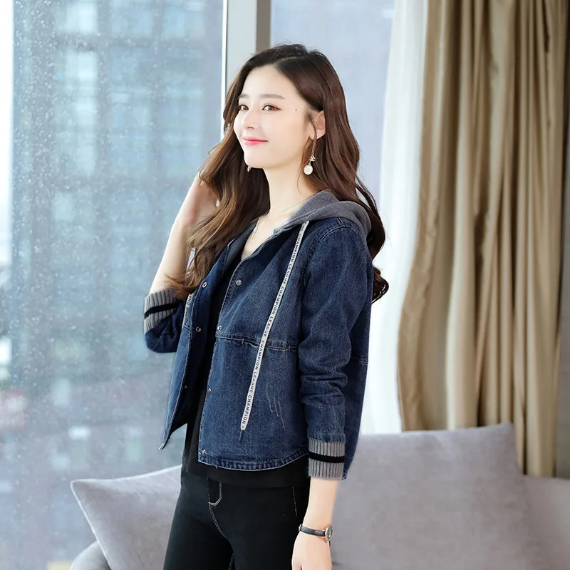 

2018 Spring New Style Knitted Hooded Jeans Coat Women's Short Korean-style Versatile Loose-Fit BF Wave