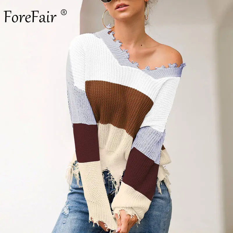 Forefair для женщин с открытыми плечами сексуальный Радужный свитер вязаный лоскутный пуловер осень Мода кисточкой повседневное свободный джемпер женский - Цвет: Gray Sweater