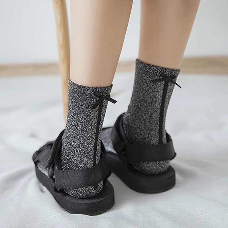 Elegant Lady Women Bow Glitter Cotton Socks Shiny Happy Sock Funny Cute Solid Fashion Silk Harajuku Soft Elastic Hosiery|Носки| |