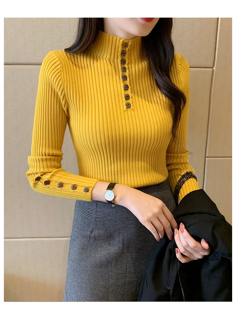 ニット セーター タートルネック 長袖 ボタン エレガント 韓国 女性用長袖ニットセーター,タートルネックセーター,ボタン付き