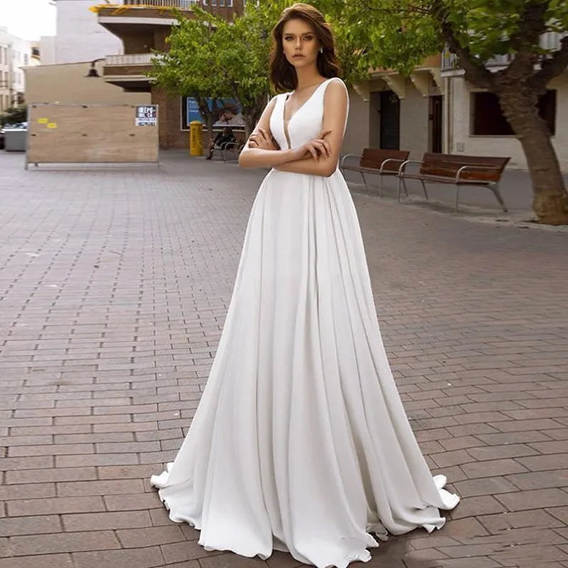 

Eightale Simple Wedding Dress V-Neck A-Line Satin Backless Custom Made Beach Wedding Gowns Ivory White vestido de noiva sereia