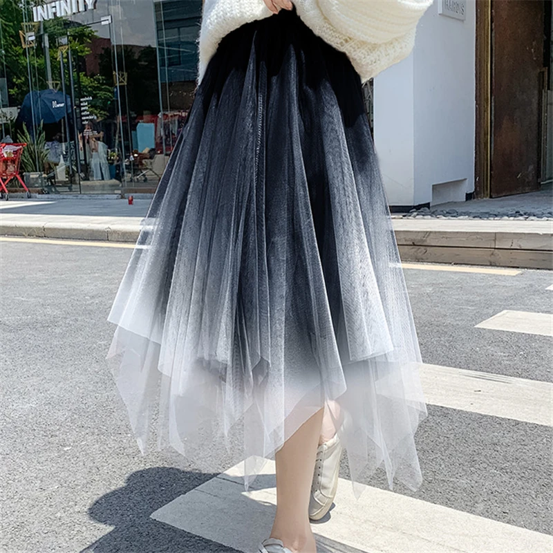 

Irregular Pleated Tulle Skirts Womens Gradient A-Line Elastic Vintage Midi Skirt Korean Sweet Mesh Female Mid-Calf Long Skirt