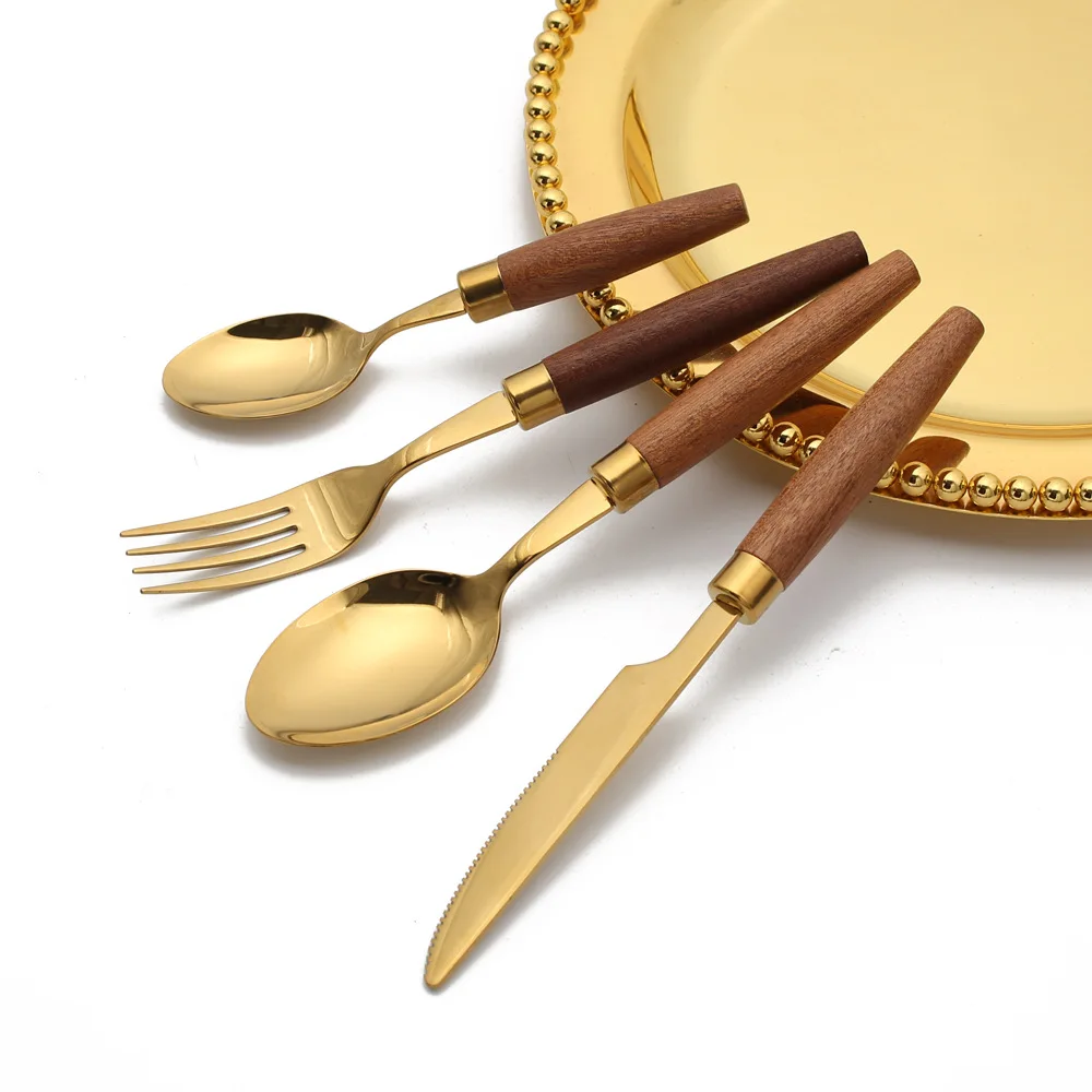 

Jaswehome 4pcs Western Flatware Set Round Wooden Handle Dinnerware Set Gold Stainless Steel Knife Fork Spoon Cutlery