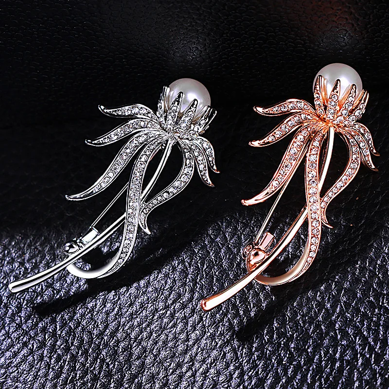 New Designer CZ Flower Brooches For Women Luxury Simulated Pearl Brooch