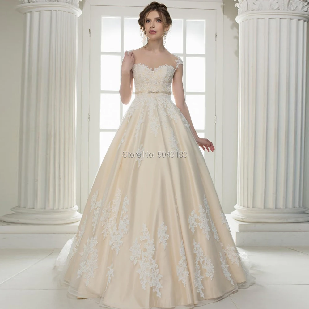 Светло-бежевый свадебный наряд 2019 легкая, милая Кепки рукава White Appliques/вышитый бисером свадебные платья в пол Длина