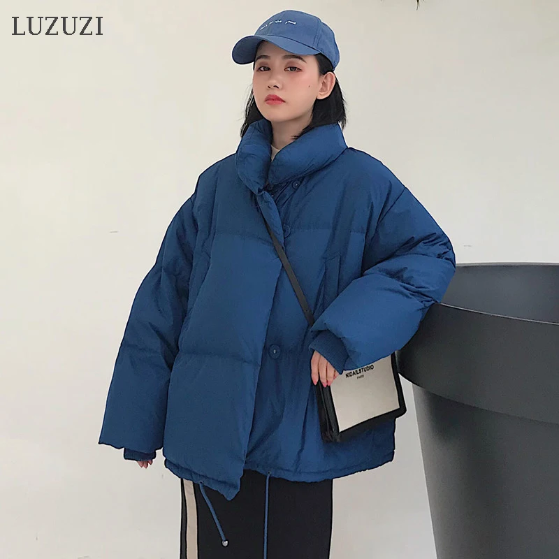 LUZUZI, корейский стиль,, зимняя куртка для женщин, воротник-стойка, однотонный, черный, белый цвет, пальто для женщин, свободный, негабаритный, для женщин, короткая парка