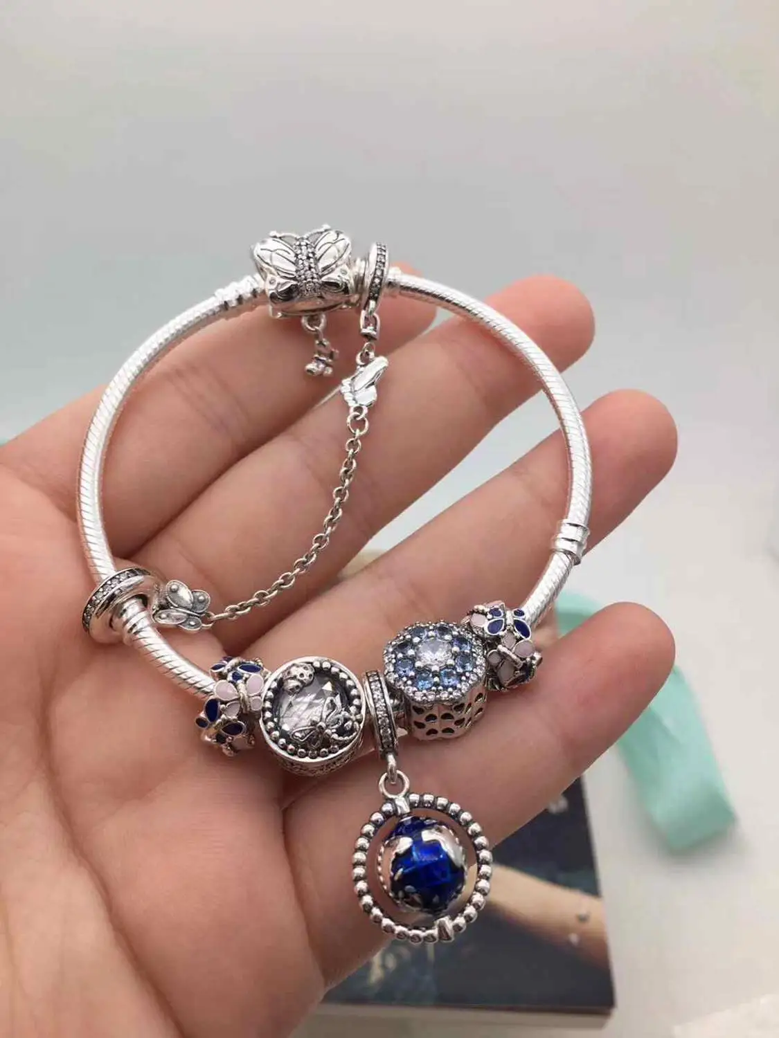 

Keris Store High Quality 1:1 100%925 Sterling Silver Blue Planet Pendant Bracelet Free Shipping