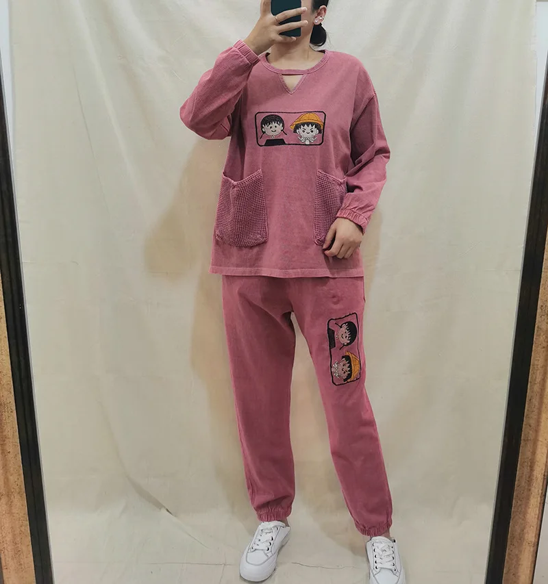 

A Few Slices of 2020 Spring New Style Loose And Plus-sized Printed Pullover Long-sleeved Sweater Retro Straight-leg Pants Casual
