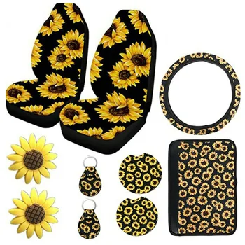 

10PCS High-quality Five-seat Universal Black + Yellow Sunflower Car Steering Wheel Front Seat Covers Armrest Pad