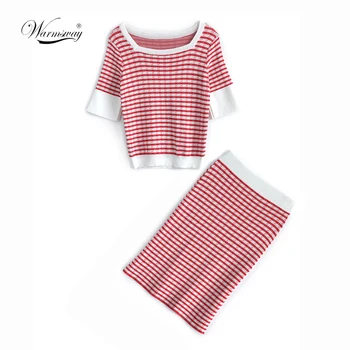 

2020 Summer Women Fashion Two Piece Suit Square Collar Red Striped T-Shirt & Knit Skirt Luxury Designer Skirts Suits C-025