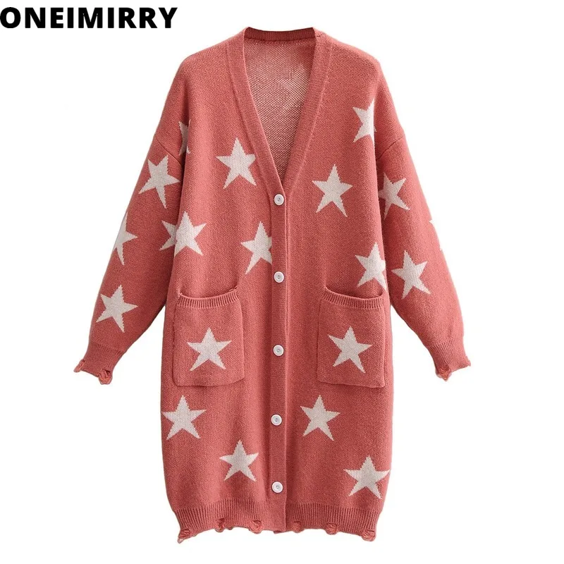 

Autumn Winter Women Cardigans Cashmere Sweater V-Neck Star Print High Street Knit Sweaters Plus Size Button Pocket Casual Coat