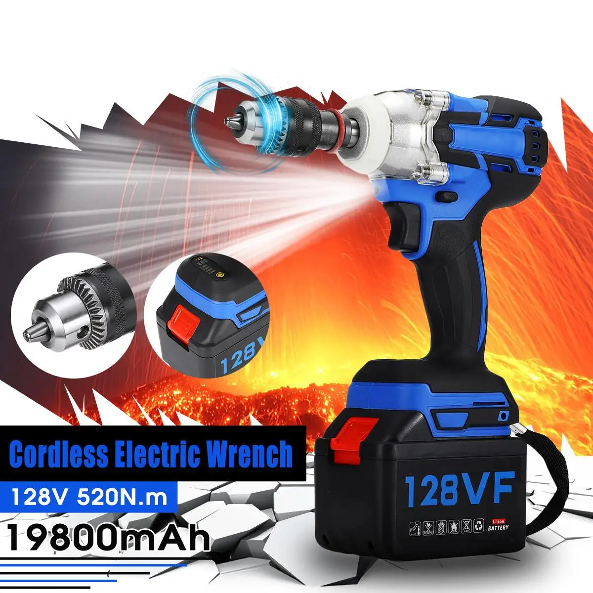 

19800mah 128V 520NM Brushless Electric Wrench Impact Wrench Socket Wrench Li Battery Hand Drill Installation Power Tools