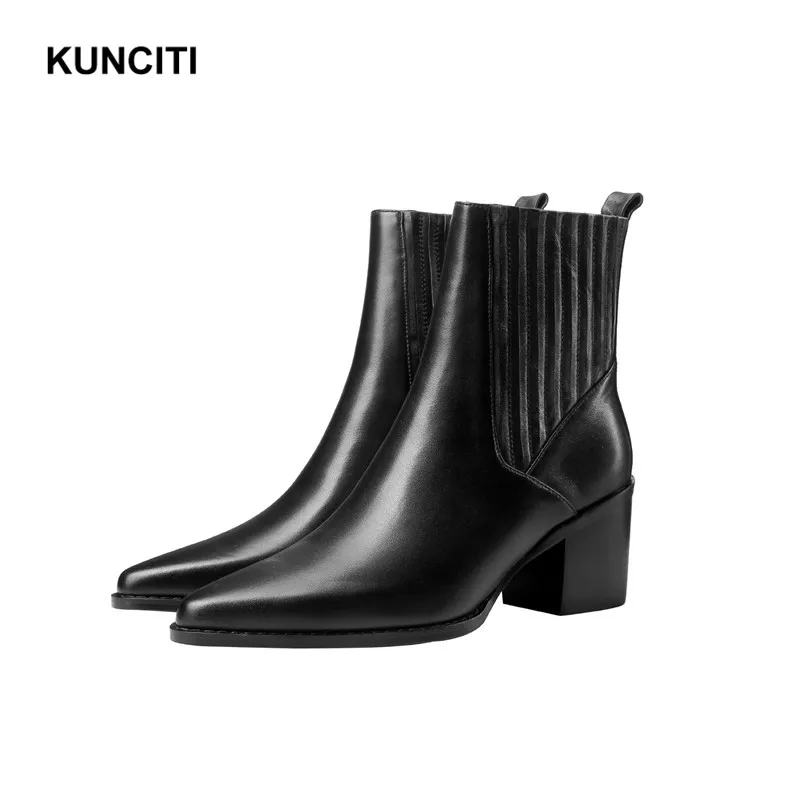 Black Plush In KUNCITI/; ботильоны на высоком каблуке; женские короткие ботиночки из натуральной кожи; модные эластичные ботинки «Челси» с острым носком; D9210 - Цвет: Black Plush In