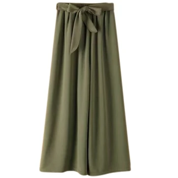 

New New Fashion Drawstring Bow Loose Wide Leg Pants Women Casual Solid Wide Elastic Waist Trousers Cotton Ankle-Length Pants
