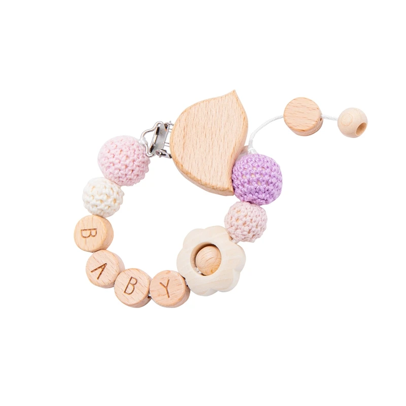 1pc Baby Schnuller Kette Blume Schnuller Clips Häkeln Perlen Holz Nippel halter personal isierte Alphabet Perlen Baby Beiß kette – Detail 8