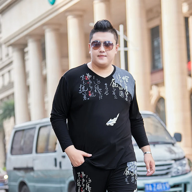 

8XL 7X New Fashion Men's V-neck Color Matching Long Sleeve Cotton Fitness Large Size High Elasticity Pullover T-Shirt Undershirt