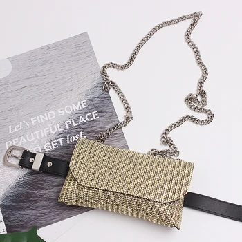 

2020 Luxury Bling Rhinestone Waist Packs Women Pink Black Gold Crystal PU Waist Belt With Phone Bag Chain Shoulder Messenger Bag