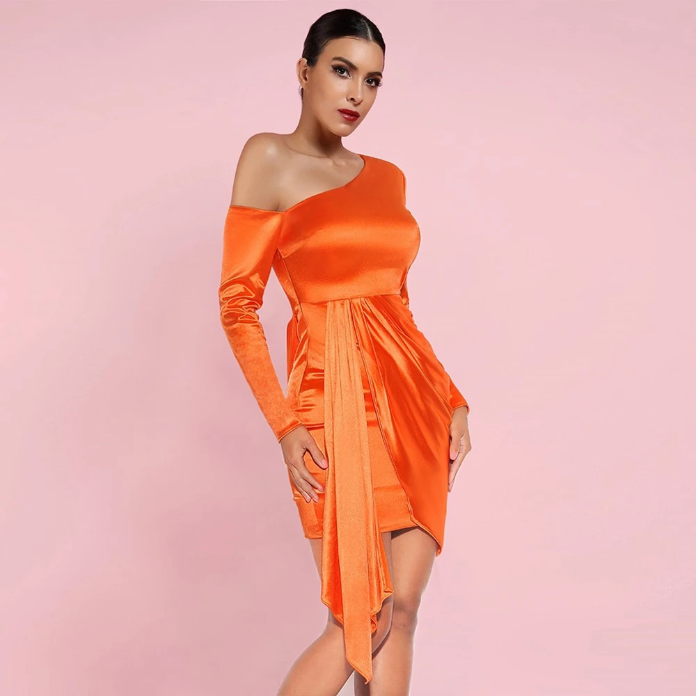 Ocstrade Oranje Een Schouder Lange Mouwen Miniasymmetrical Bandage Jurk HI1080-Orang Ocstrade Oranje Een Schouder Lange Mouwen Miniasymmetrical Bandage Jurk HI1080-Orang
