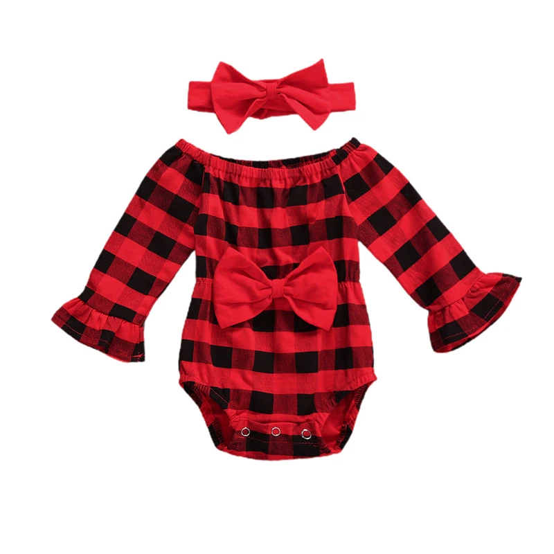 2020 Christmas Baby Girl’s Plaid Bow Jumpsuits Casual Long-sleeved Triangle Wrapped Romper and Headband Jumpsuit | Детская одежда и