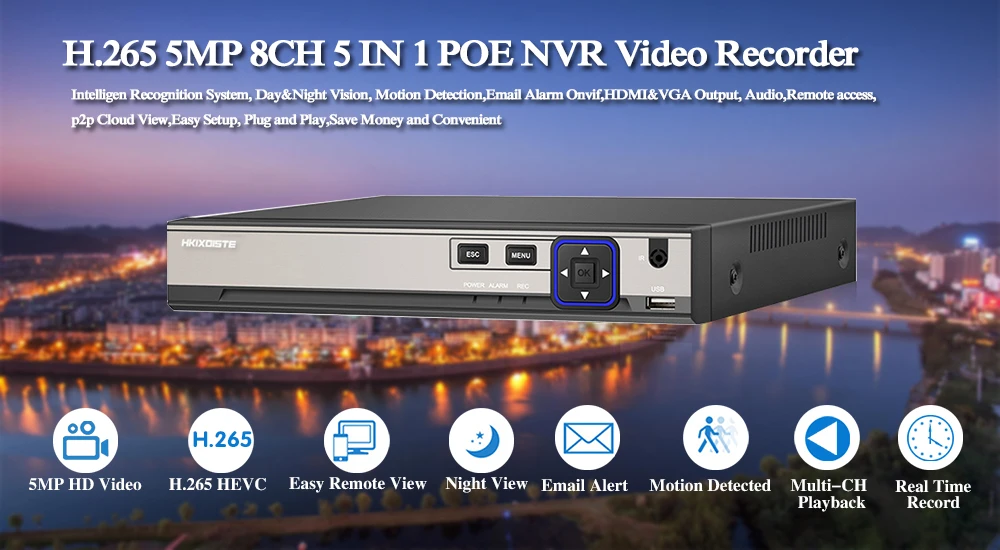 Распознавание лица H.265 5MP 4CH 8CH 48V POE NVR Аудио видеонаблюдения безопасности видео рекордер для POE IP камера