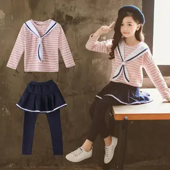 

Girls Spring and Autumn Navy Wind Stripe Shirt +pant Suit Recreational Children's Sportswear New Fashion 4-12 Ages