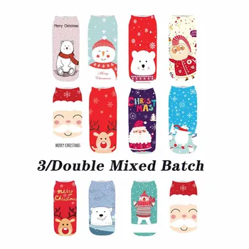 

2Pair Winter Cotton Straight Christmas Sock Men Women 3D Printing Cartoon Reindeer Santa Claus Snowflake Short Socks Hosiery