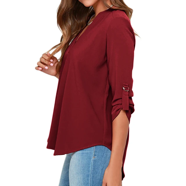 Chiffon Blouse Long Sleeve Sexy Solid Blouse V Neck Ladies Tops Plus Size Shirts Office Women Blouses Female Tunic Blusas 2